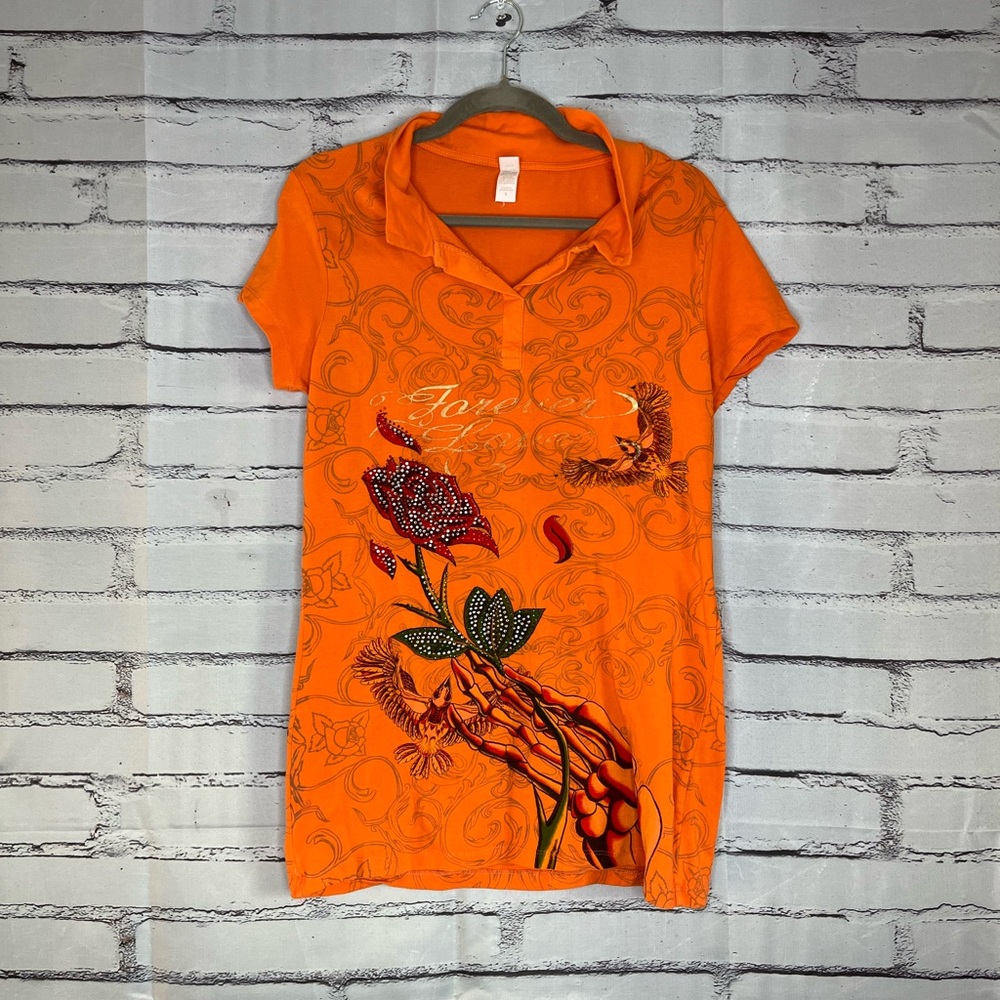MC2 USA Orange Graphic Tee Sz L Beaded Roses Skeleton Birds Festival Top Gothic